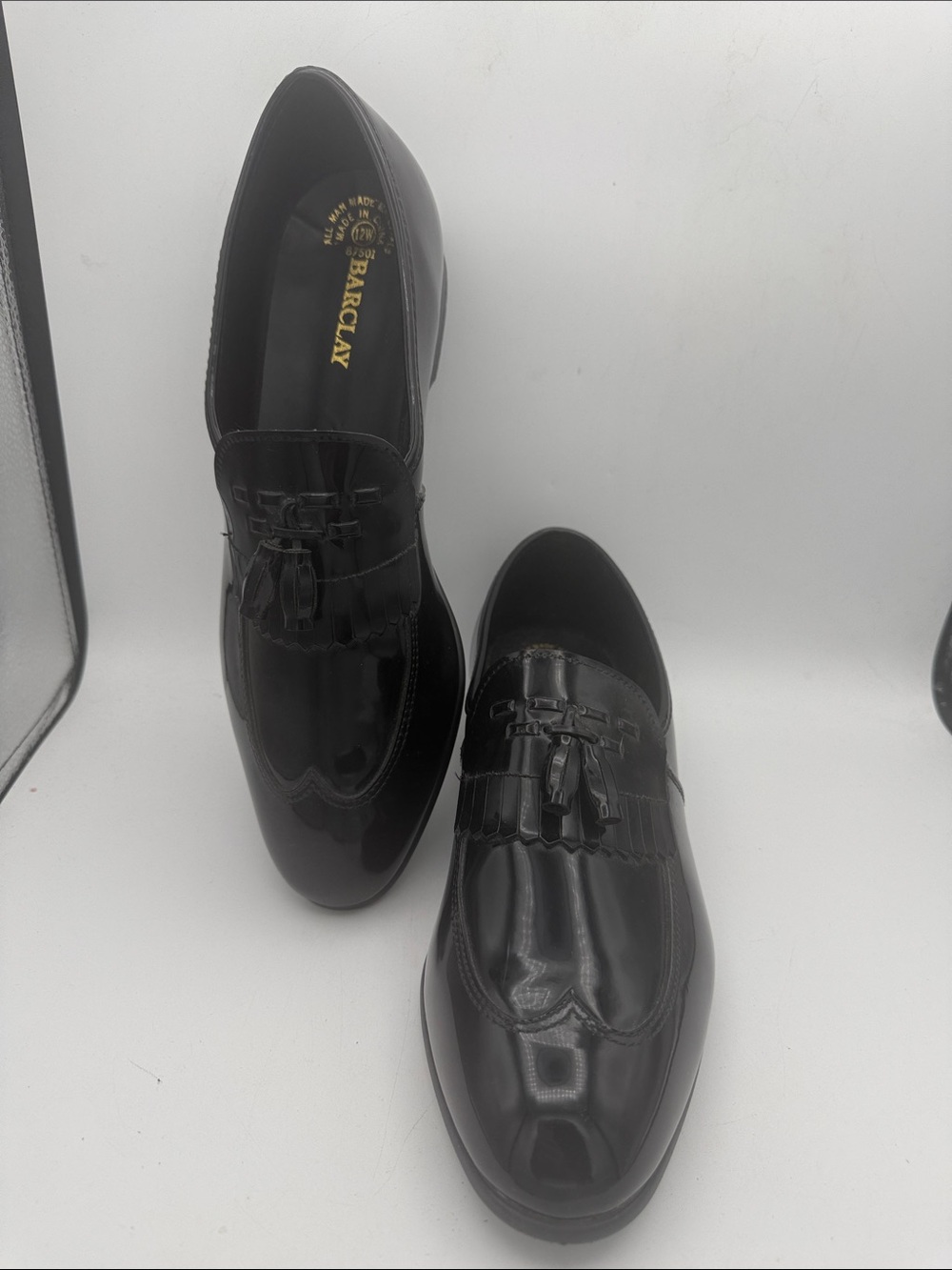 Mens Barclay black patent faux leather high polish formal slip on shoes sz 12 W